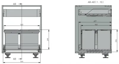 Garbi Basket B-60-4-H sorteer afvalsysteem voor lade 60cm  incl. houder en 4 afvalbakken 1208957472