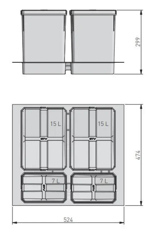 Garbi Basket B-60-4 sorteer afvalsysteem voor lade 60cm  incl. houder en 4 afvalbakken 1208957475