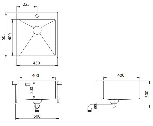 OUTLET Ausmann Turt RVS spoelbak 450x505mm met kraangat onderbouw 1208956941 - Productafbeelding 2