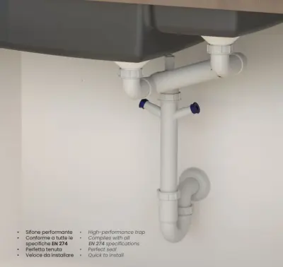 Ausmann Siphon dubbele ruimte besparende spoelbak sifon voor in de keuken met ontluchter en 2 vaatwasser aansluitingen 1208957662