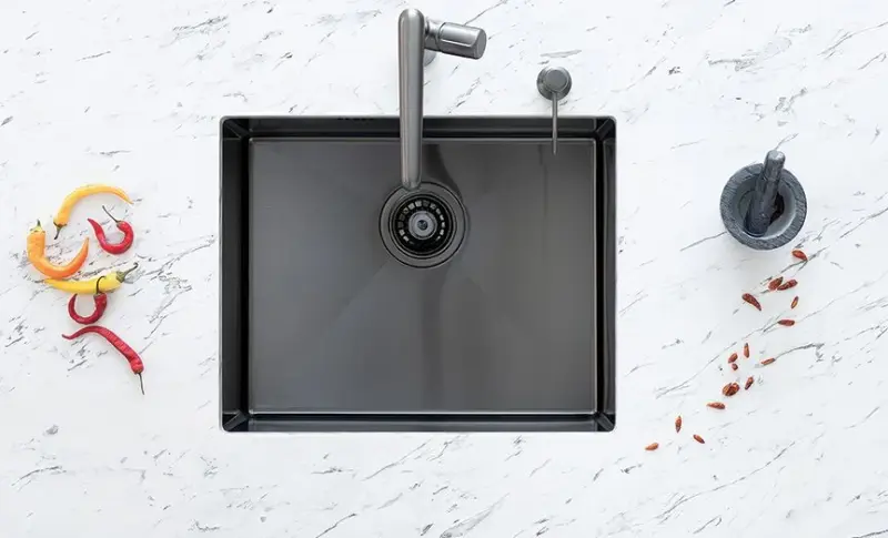 Aquadesign Sinks gun metal RVS spoelbak antraciet kleur PVD 50x40 onderbouw vlakbouw en opbouw 1208957702