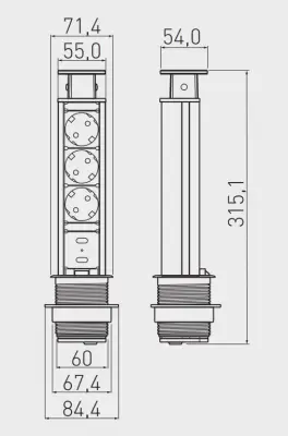 Indux Up & Down small verzinkbare penaarde zilver keuken stopcontact in werkblad met 3 stopcontacten en 2 x USB 1208957842
