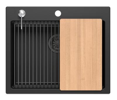 Quadri Durham zwart graniet opbouw spoelbak 595x500 met zeepdispenser, snijplank, inzetbak en rolmat 1208957904