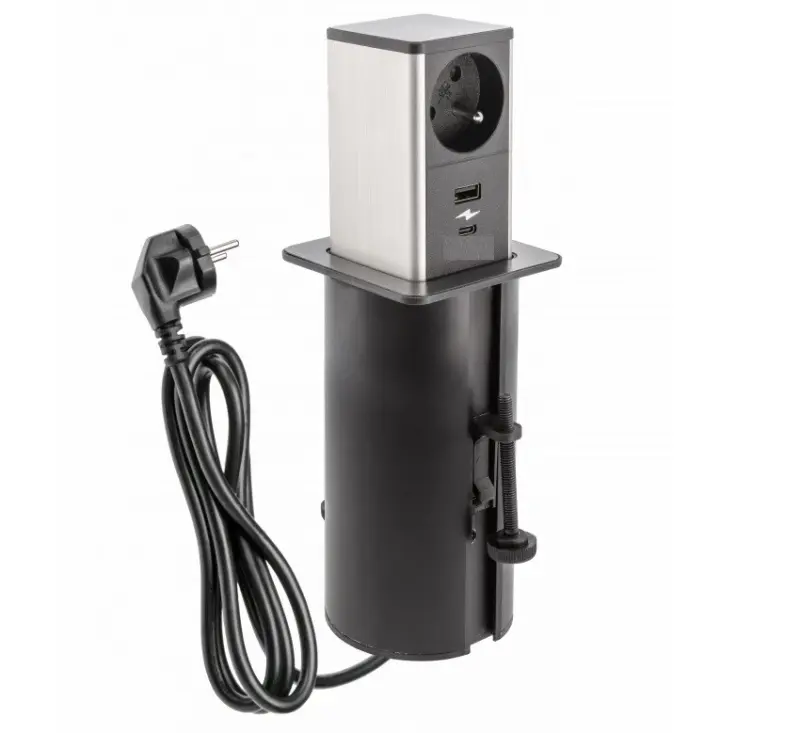 Indux Push uitschuifbare zwarte  penaarde stopcontact met 1xUSB A en 1xUSB C met RVS deksel 1208957928