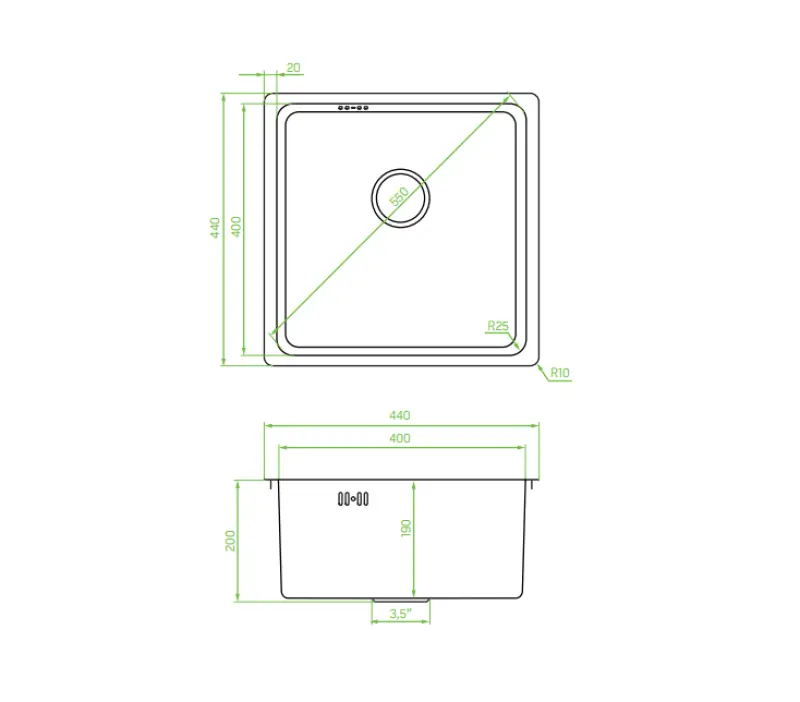 Aquadesign R25 steel opbouw, onderbouw en vlakinbouw spoelbak gun metal 40x40cm 1208958207