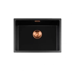 Lorreine BQ serie spoelbak 54x41cm onderbouw en vlakinbouw zwart met koper plug 50BQ37-FU-COPPER