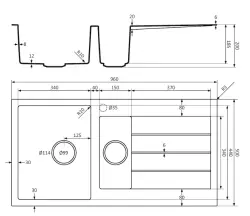 Lorreine BQ serie 1.5 spoelbak 96x50cm opbouw zwart met zwart plug 3415BQ44DB-T