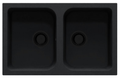 GraniteMy Dortmunt zwarte granieten dubbele spoelbak opbouw 76x48 cm met zwarte afvoer 1208967041