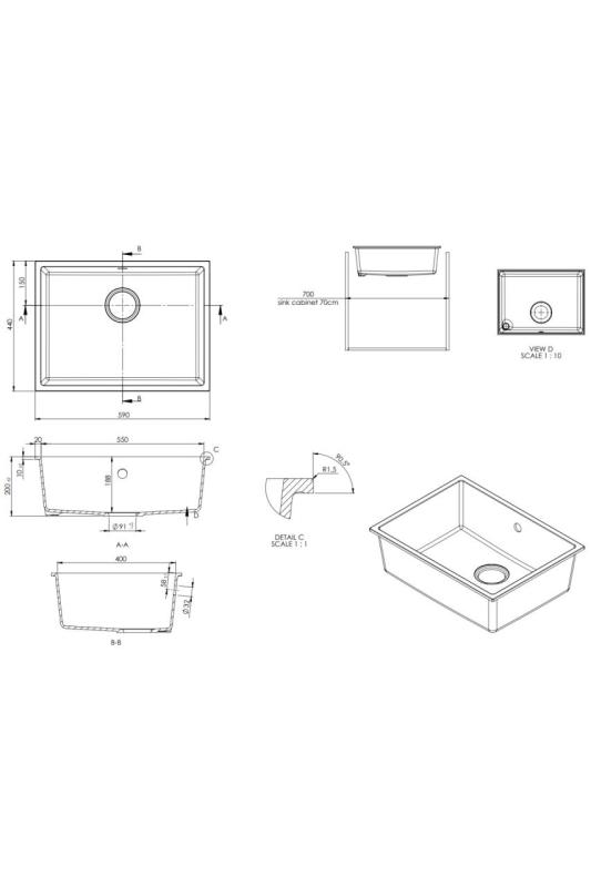 GraniteMy Universal granieten witte spoelbak 55x40 cm wit opbouw onderbouw en vlakinbouw met rvs plug 1208967109