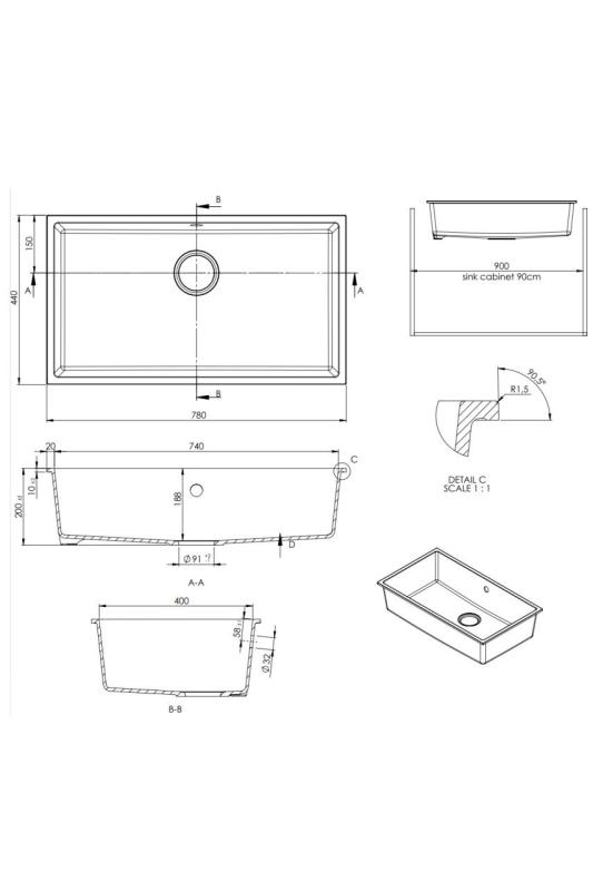 GraniteMy Universal granieten grote witte spoelbak 74x40 cm wit opbouw onderbouw en vlakinbouw met rvs plug 1208967111