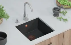 GraniteMy Universal granieten zwarte spoelbak 40x40 cm zwart opbouw onderbouw en vlakinbouw met koperen plug 1208967114