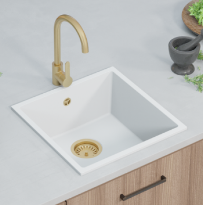 GraniteMy Universal granieten witte spoelbak 40x40 cm wit opbouw onderbouw en vlakinbouw met witte plug 1208967115