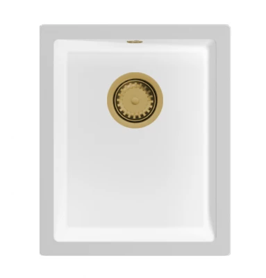 GraniteMy Universal granieten witte spoelbak 34x40 cm wit opbouw onderbouw en vlakinbouw met gouden plug 1208967149