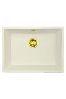 GraniteMy Universal granieten witte spoelbak 55x40 cm wit opbouw onderbouw en vlakinbouw met gouden  plug 1208967155