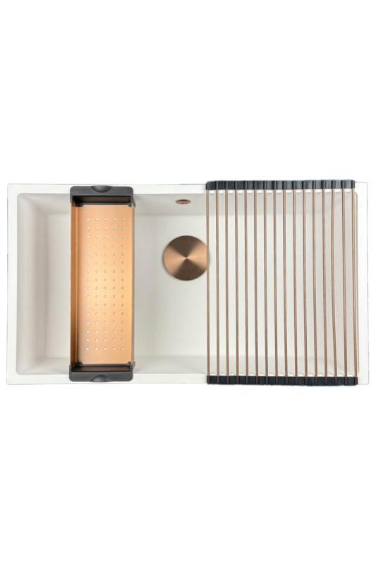 GraniteMy Universal granieten grote witte spoelbak 74x40 cm wit opbouw onderbouw en vlakinbouw met koperen plug 1208967162