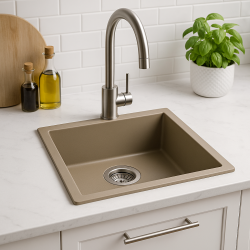 GraniteMy Universal granieten taupe spoelbak 40x40 cm opbouw, onderbouw en vlakinbouw met rvs plug 1208967211