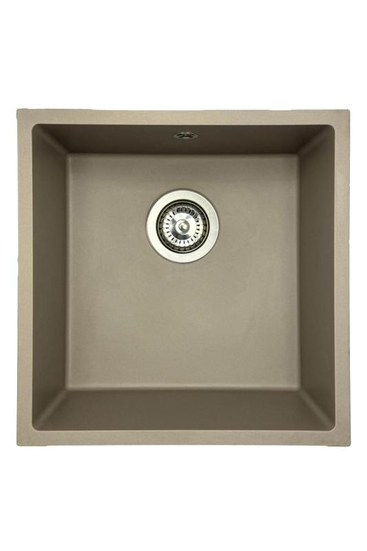 GraniteMy Universal granieten taupe spoelbak 40x40 cm opbouw, onderbouw en vlakinbouw met rvs plug 1208967211