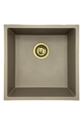 GraniteMy Universal granieten taupe spoelbak 40x40 cm opbouw, onderbouw en vlakinbouw met gouden plug 1208967215