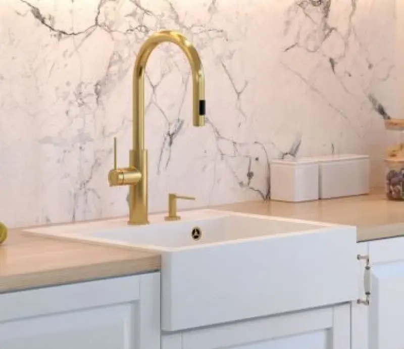 Quadri Farmhouse landelijke tussen of opbouw granieten spoelbak mat wit met koperen plug 595x540mm 1208967265