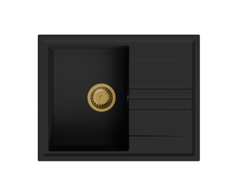 GraniteMy Vesi granieten opbouw zwarte spoelbak 64x50cm met afdruip omkeerbaar met gouden plug 1208967296
