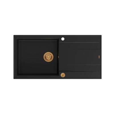 Quadri Luton zwarte granieten opbouw spoelbak met afdruipvlak omkeerbaar 100x50cm met koperen plug 1208967316