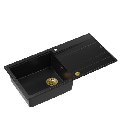 Quadri Luton zwarte granieten opbouw spoelbak met afdruipvlak omkeerbaar 100x50cm met gouden plug 1208967317