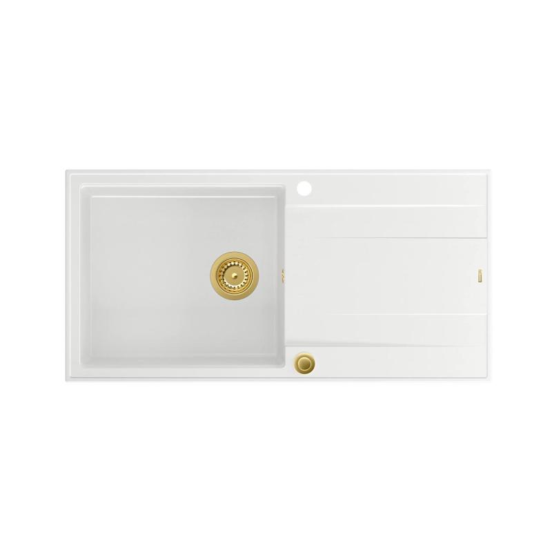 Quadri Luton witte granieten opbouw spoelbak met afdruipvlak omkeerbaar 100x50cm met gouden plug 1208967319