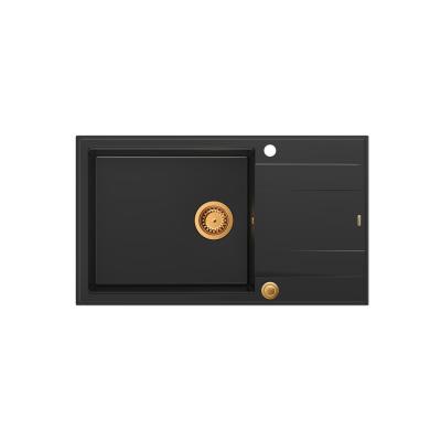 Quadri Luton zwarte granieten grote opbouw spoelbak met afdruipvlak omkeerbaar 86x50cm met koperen plug 1208967326