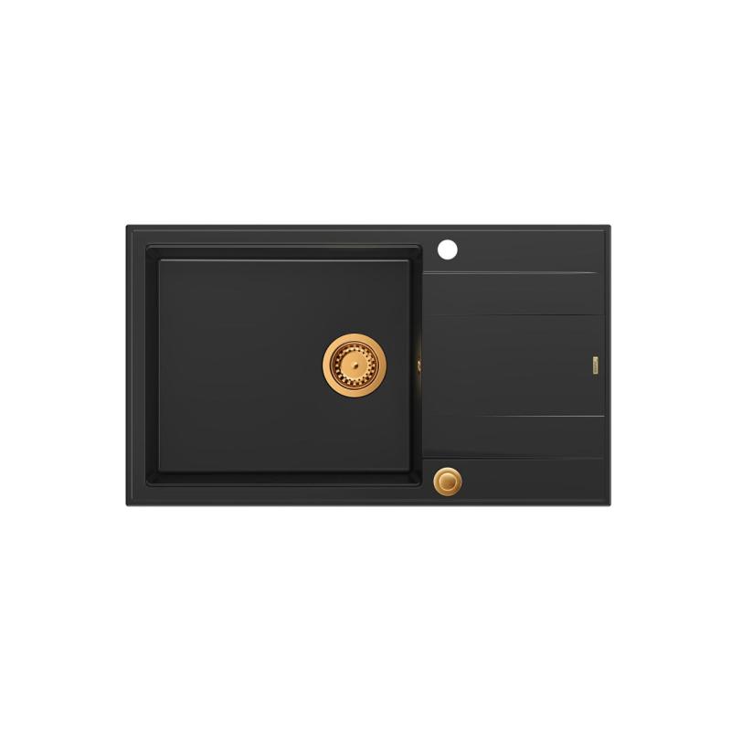 Quadri Luton zwarte granieten grote opbouw spoelbak met afdruipvlak omkeerbaar 86x50cm met koperen plug 1208967326