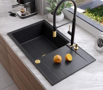 Quadri Luton zwarte granieten grote opbouw spoelbak met afdruipvlak omkeerbaar 86x50cm met gouden plug 1208967327
