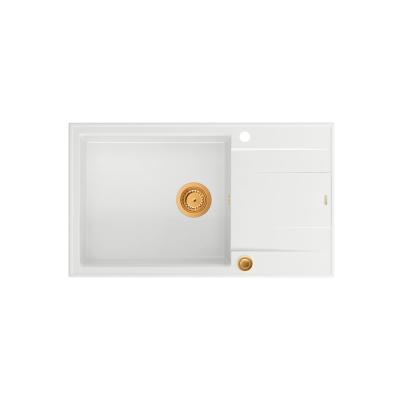 Quadri Luton witte granieten grote opbouw spoelbak met afdruipvlak omkeerbaar 86x50cm met koperen plug 1208967328