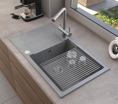 Quadri Luton grijs granieten grote opbouw spoelbak met afdruipvlak omkeerbaar 86x50cm met rvs plug 1208967330