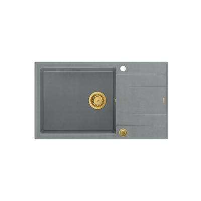 Quadri Luton grijs granieten grote opbouw spoelbak met afdruipvlak omkeerbaar 86x50cm met gouden plug 1208967332