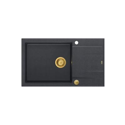 Quadri Luton antraciet granieten grote opbouw spoelbak met afdruipvlak omkeerbaar 86x50cm met gouden plug 1208967334