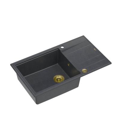 Quadri Luton antraciet granieten grote opbouw spoelbak met afdruipvlak omkeerbaar 86x50cm met gouden plug 1208967334