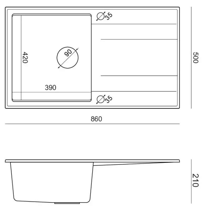 Quadri Luton zwarte granieten opbouw spoelbak met afdruipvlak omkeerbaar 86x50cm met gouden plug 1208967336