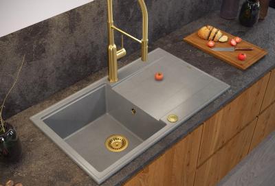 Quadri Luton grijs granieten opbouw spoelbak met afdruipvlak omkeerbaar 86x50cm met gouden plug 1208967341
