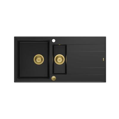 Quadri Luton zwarte granieten opbouw 1,5 spoelbak met afdruipvlak omkeerbaar 100x50cm met goud plug 1208967346