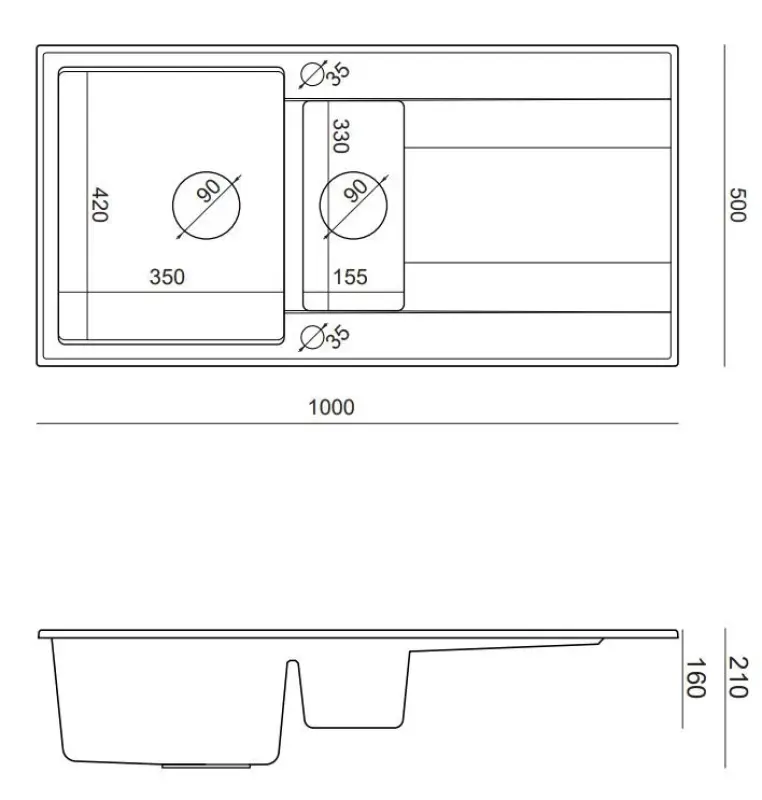 Quadri Luton witte granieten opbouw 1,5 spoelbak met afdruipvlak omkeerbaar 100x50cm met koperen plug 1208967349