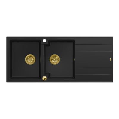 Quadri Luton opbouw dubbele graniet spoelbak zwart met afdruipgedeelte 116x50 cm met gouden plug 1208967356
