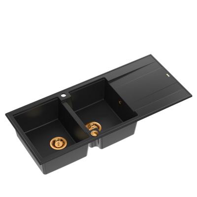 Quadri Luton opbouw dubbele graniet spoelbak zwart met afdruipgedeelte 116x50 cm met koperen plug 1208967357
