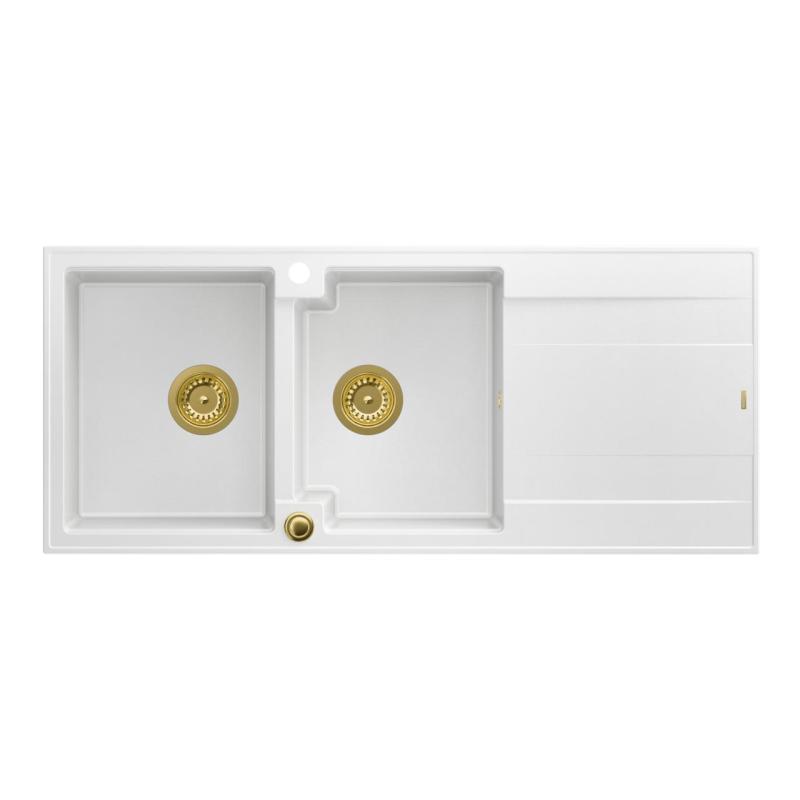 Quadri Luton opbouw dubbele graniet spoelbak wit met afdruipgedeelte 116x50 cm met gouden plug 1208967358