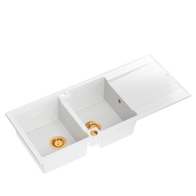 Quadri Luton opbouw dubbele graniet spoelbak wit met afdruipgedeelte 116x50 cm met koperen plug 1208967359