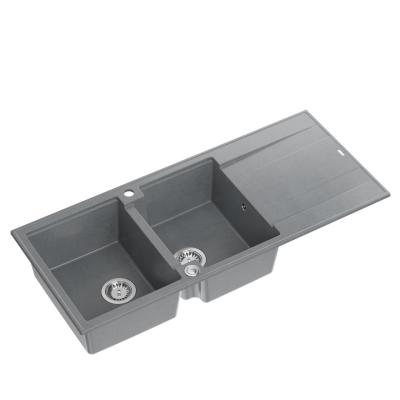 Quadri Luton opbouw dubbele graniet spoelbak grijs met afdruipgedeelte 116x50 cm met rvs plug 1208967360