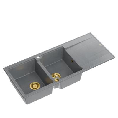 Quadri Luton opbouw dubbele graniet spoelbak grijs met afdruipgedeelte 116x50 cm met gouden plug 1208967361