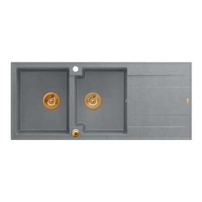 Quadri Luton opbouw dubbele graniet spoelbak grijs met afdruipgedeelte 116x50 cm met koperen plug 1208967362