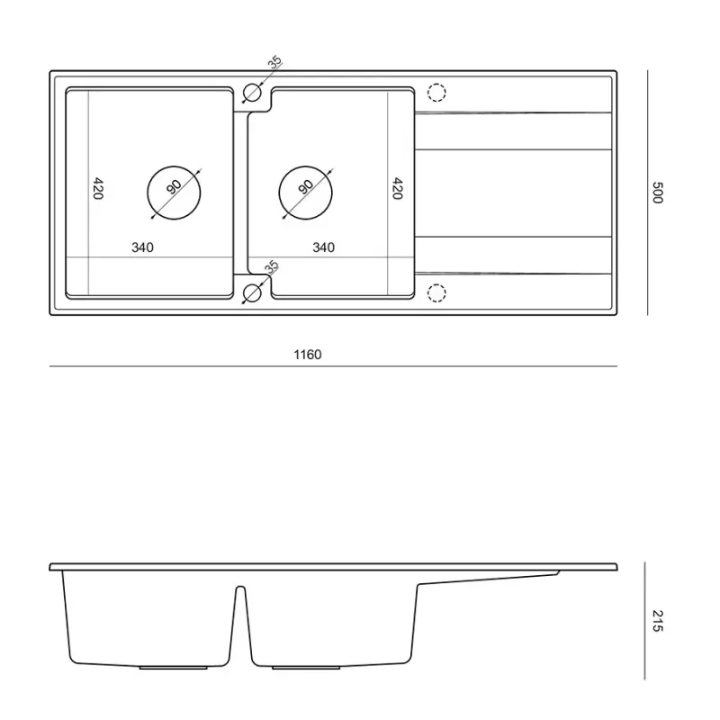Quadri Luton opbouw dubbele graniet spoelbak grijs met afdruipgedeelte 116x50 cm met koperen plug 1208967362