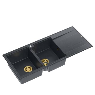 Quadri Luton opbouw dubbele graniet spoelbak antraciet met afdruipgedeelte 116x50 cm met gouden plug 1208967364