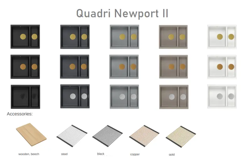 Quadri Newport II grijs 1,5 spoelbak graniet opbouw en onderbouw spoelbak 555x460mm met gouden plug 1208967470