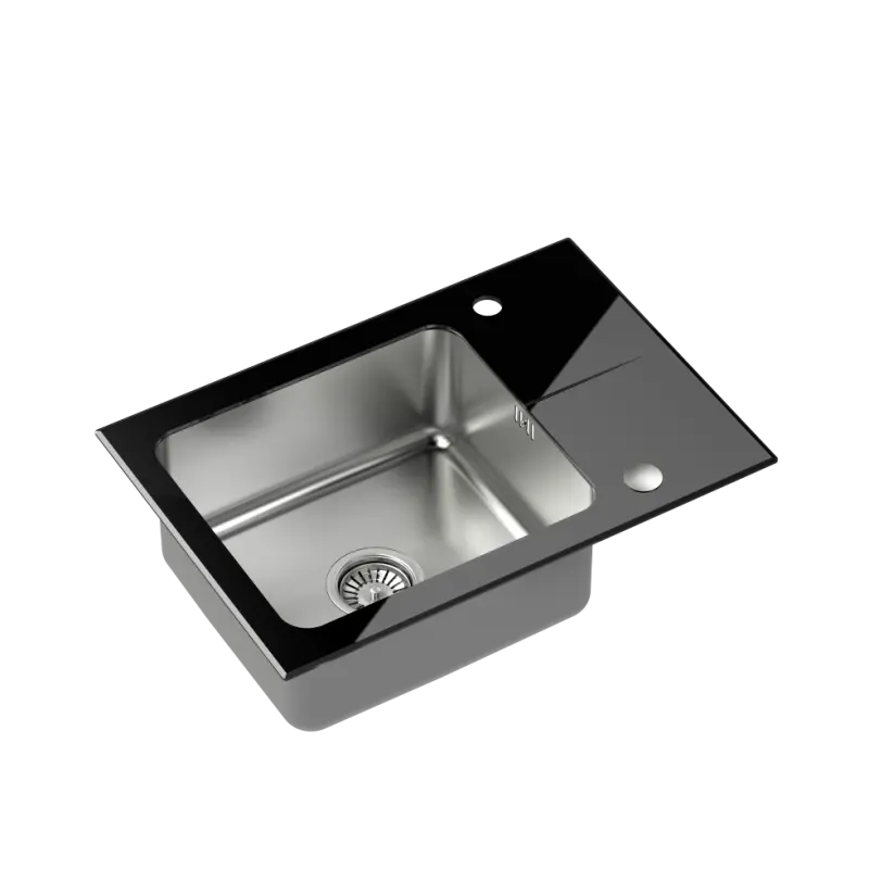 Quadri Glazz Set met keukenkraan en opbouw rvs spoelbak met zwarte glazen afdruipgedeelte 64x44cm omkeerbaar 1208967493